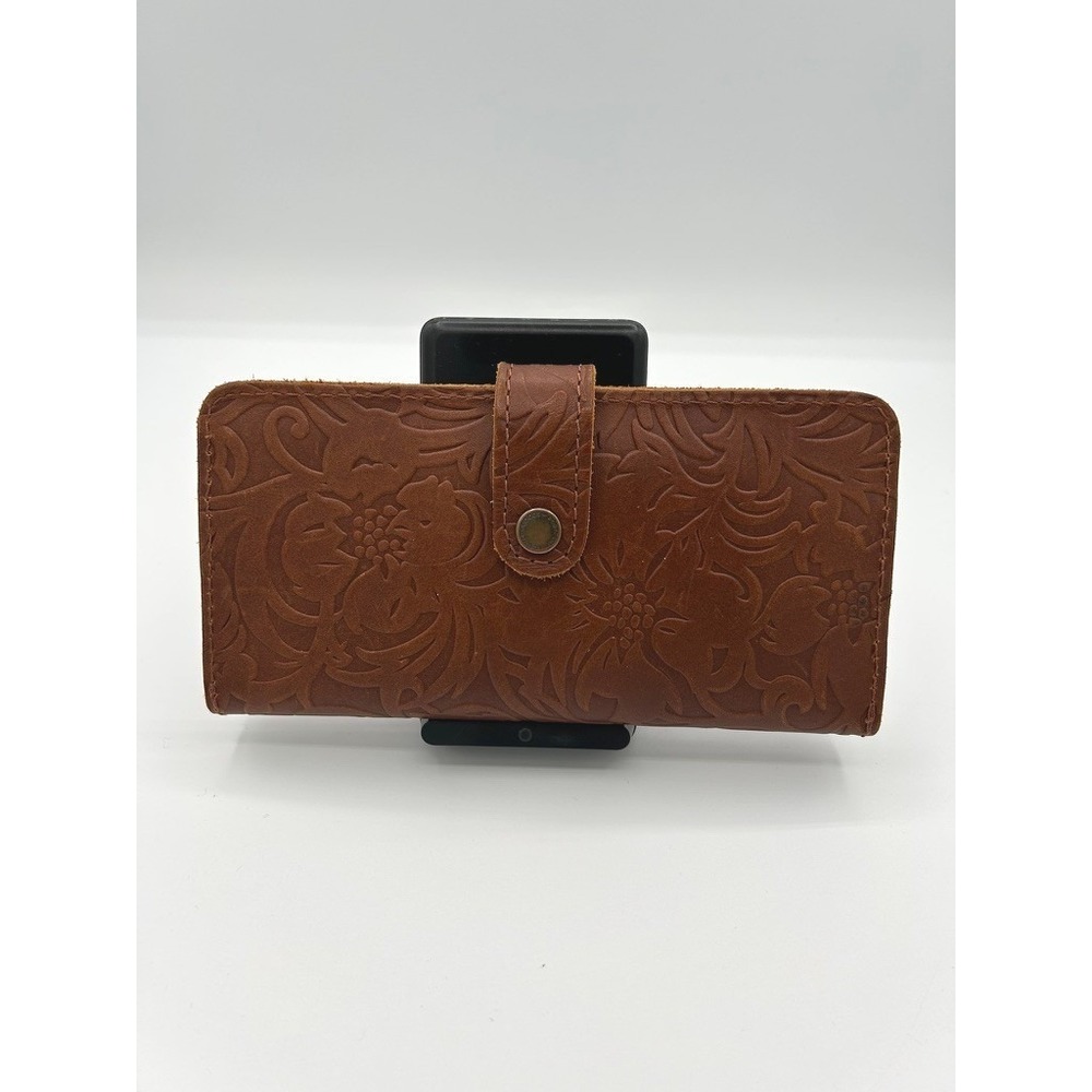 Portland Leather Goods Floral Embossed Brown Leather Bifold Wallet Snap Western